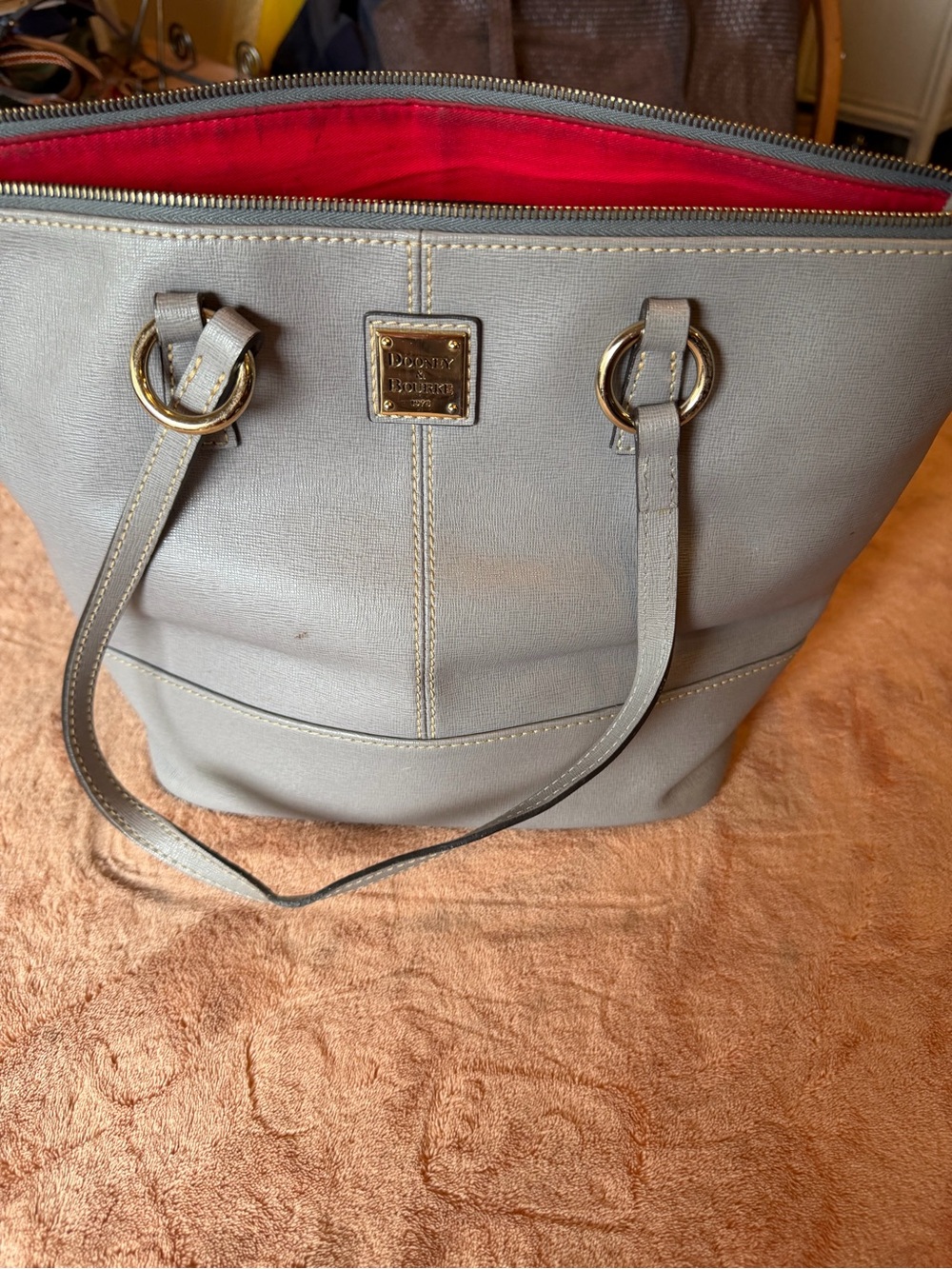 Dooney & Bourke Gray Tote with Red Interior Lining